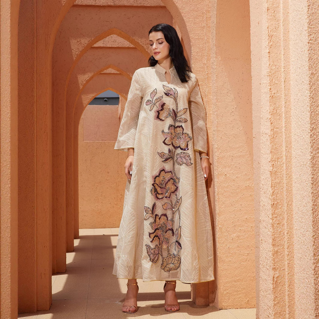 New Style Mesh Embroidered Dress, Ethnic Costume with Heavy Appliqué, Abaya Robe