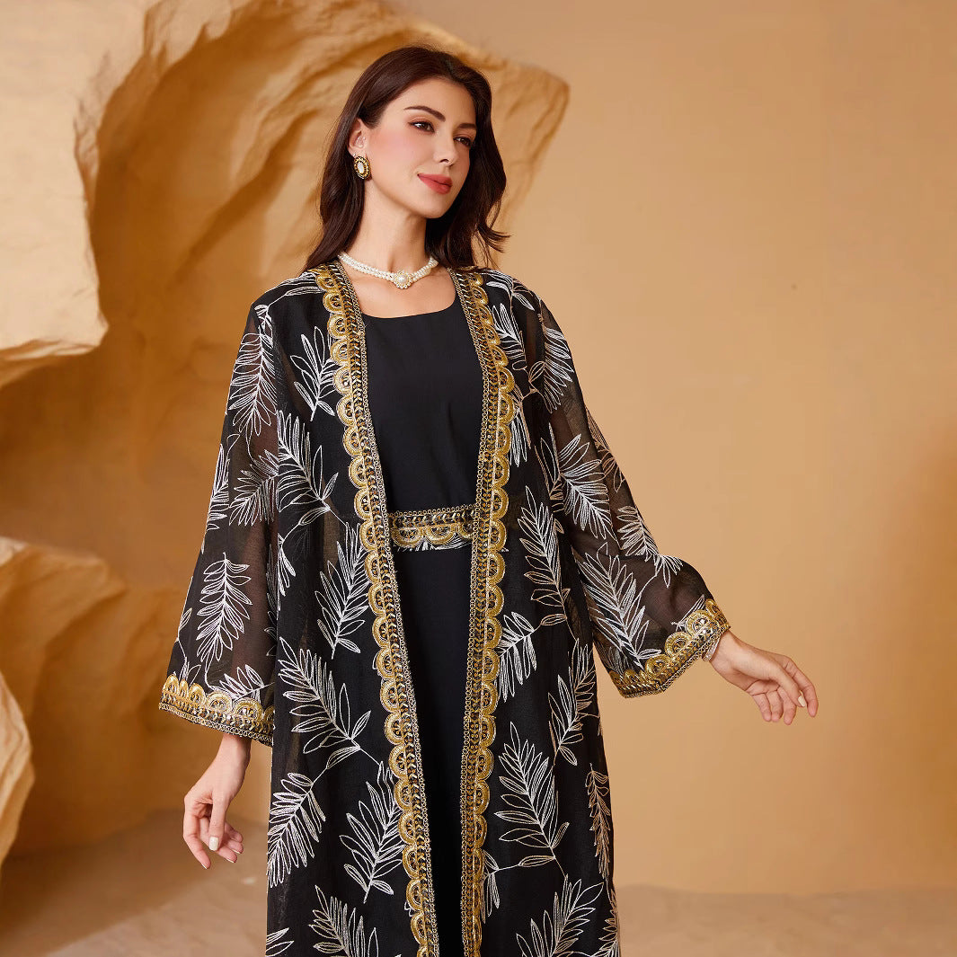 Women 2 Piece Black White Palm Leaf Print Sheer Chiffon Open Kimono Robe Luxury Gold Lace Border Embroidery Cuff Matching Belt Solid Black Inner Maxi Dress Gulf Layering Dubai Abaya Set For Eid Al Fitr Ramadan Nikkah Wedding Banquet