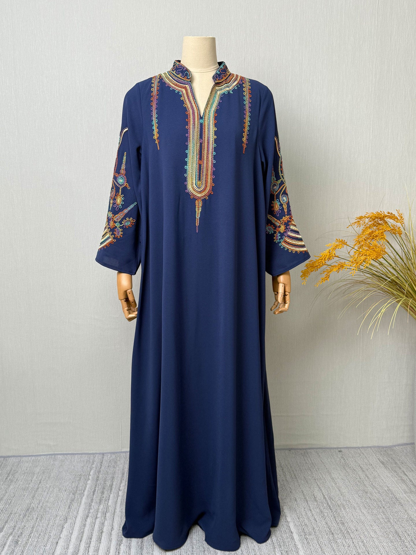 Navy and Pink Embroidered Pullover Maxi Abaya Dress Jalabiya Modest Long Dress for Muslim Women Ramadan Prayer Casual Wear S-XXL