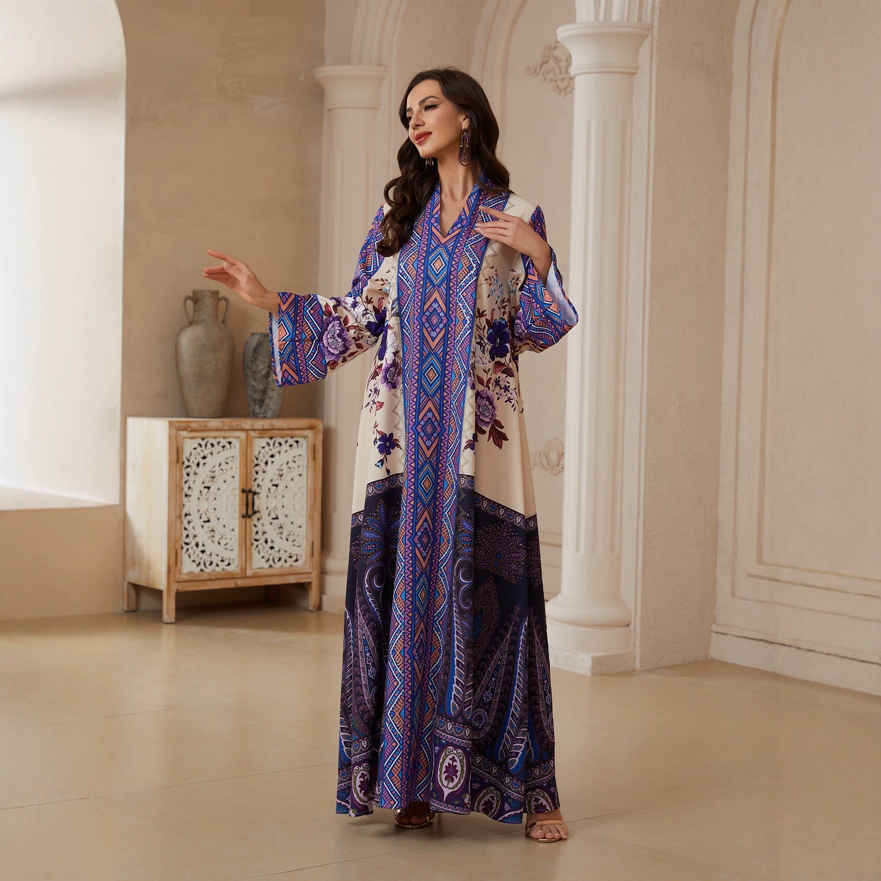Purple Turkish Print Abaya - Plus Size Rhinestone Modest Robe