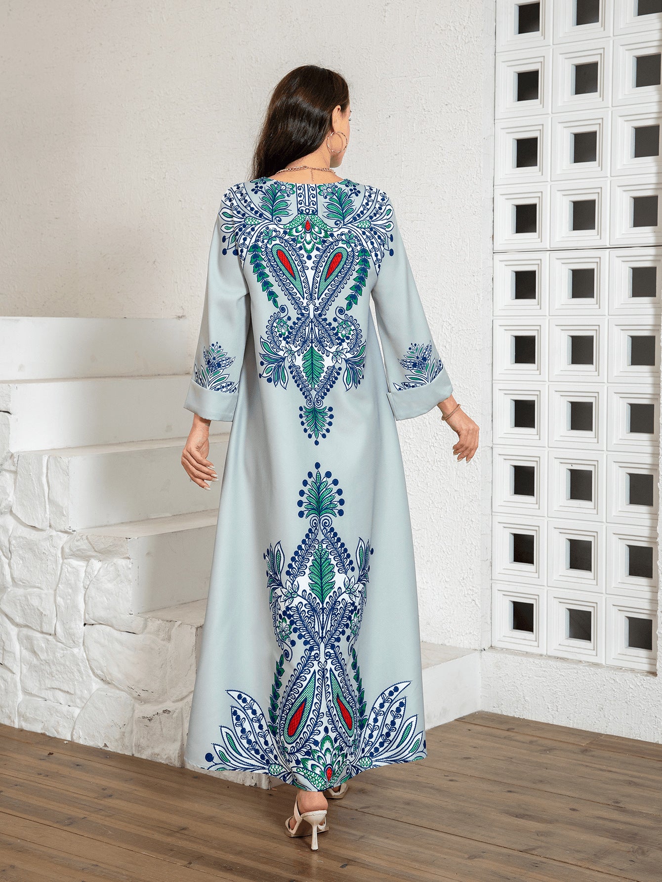 Light Blue Floral Print Rhinestone Embroidered Maxi Abaya Dress