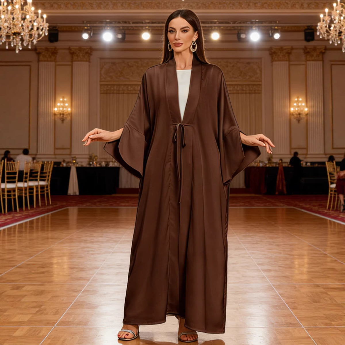 Chic Belted Open Front Slit Sleeve Cardigan Long Maxi Abaya Robe Modest Muslim Kaftan Dress for Women Eid Ramadan One Size