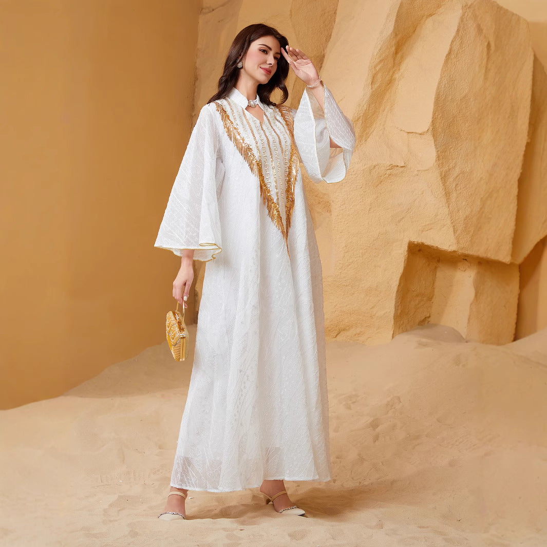 Gold Tassel Sequin Geometric Print Abaya For Women Stand Collar Bell Wide Sleeve Dubai Luxury Mesh Muslim Kaftan Modest Maxi Dress For Eid Ramadan Wedding Evening Party