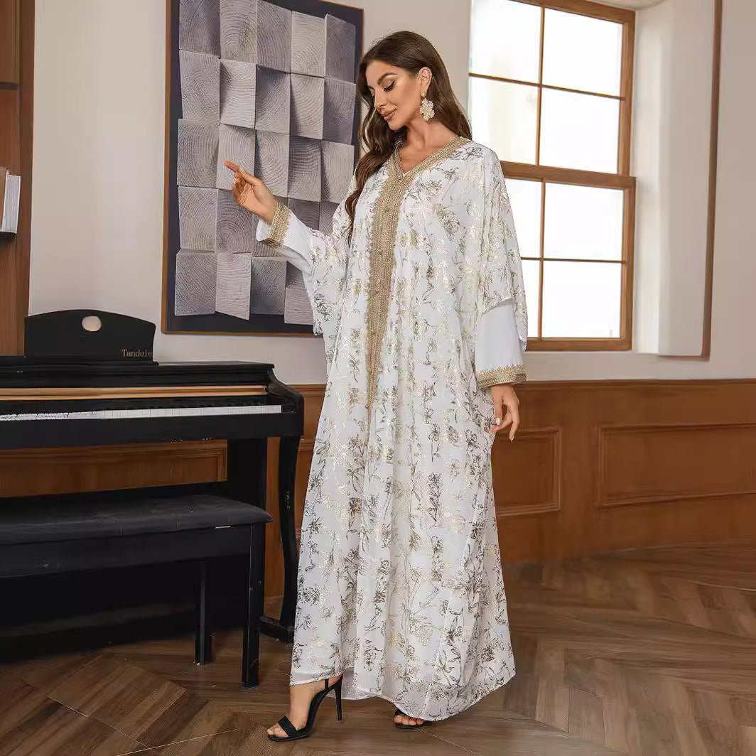 2026 Premium Soft Floral Handcrafted Modest Outer Tunic Light Grey Airflow Chiffon Full Pale Tiny Blossom Printed Open Front Robe V Notch Neck Adjustable Waist Tie Gentle Flare Swing Floor Silhouette Exclusive Pan-Arab Malay Craft Single Layer Cut Fo