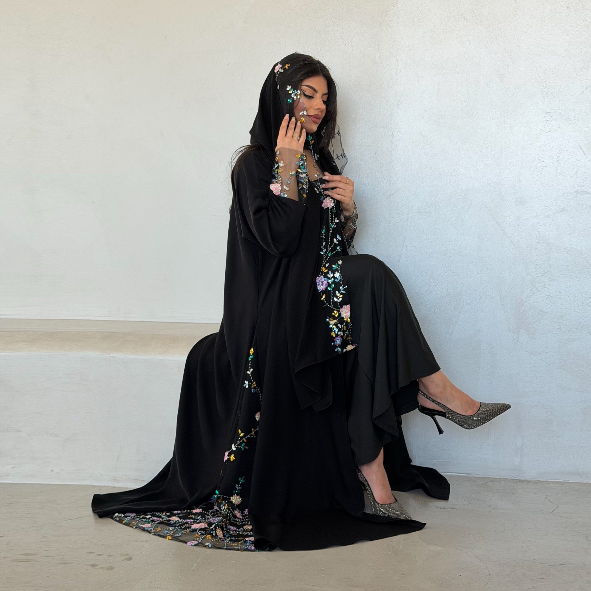 Black Floral Print Open Outerwear Long Maxi Abaya with Hijab Set