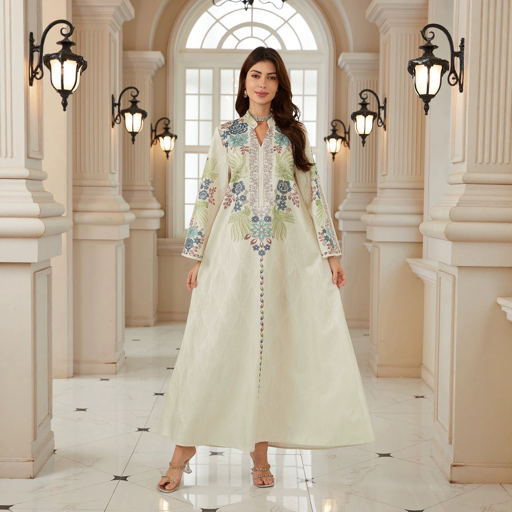 Off White Textured Fabric Stand Split V Neck Abaya Colorful Floral Leaf Embroidery Long Flare Sleeve Loose Full Length Muslim Women Kaftan Dress For Eid Wedding Ramadan