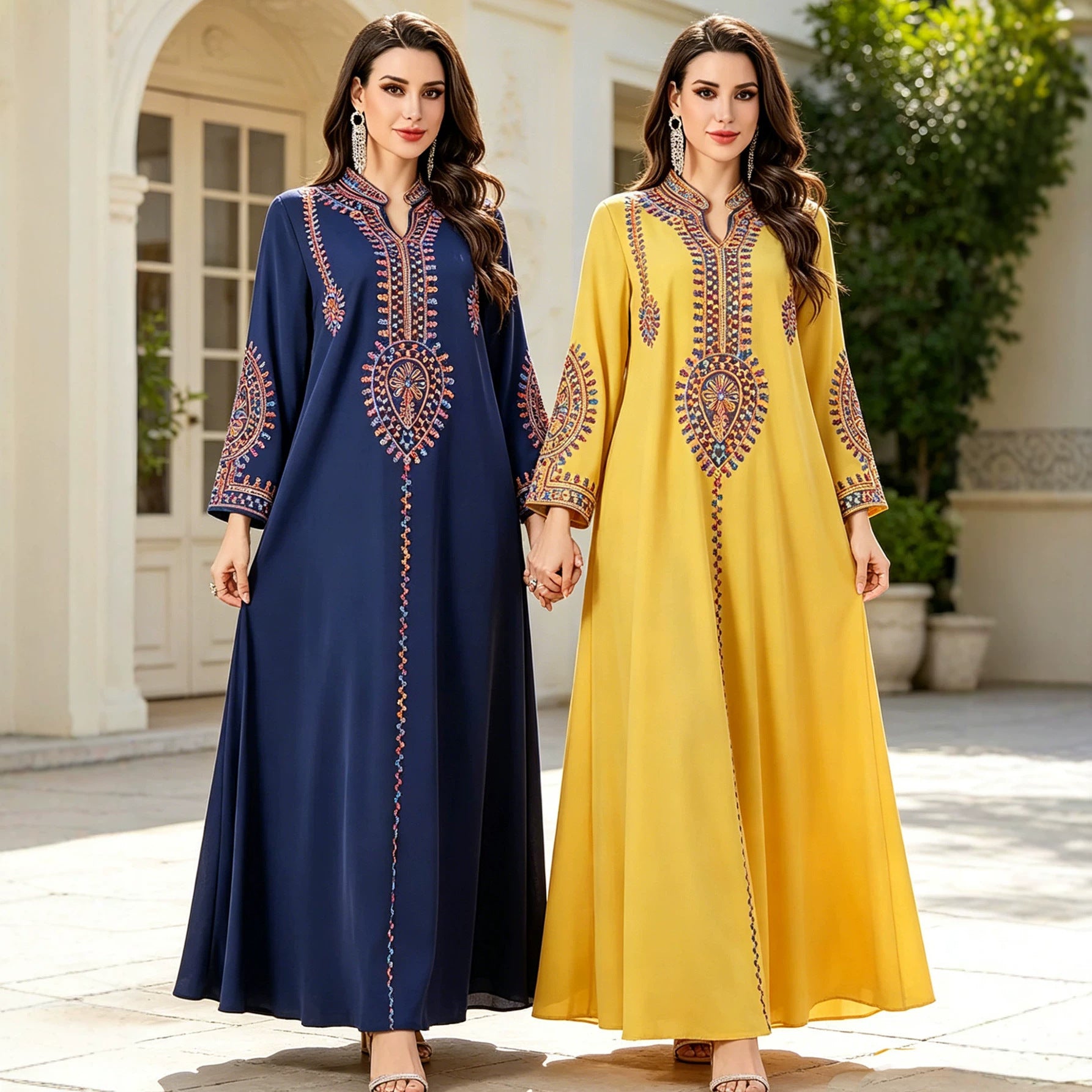 Cord Embroidered Ethnic Kaftan Robe Dress Jalabiya Modest Long Maxi Gown for Muslim Women Eid Ramadan Celebration S-XXL
