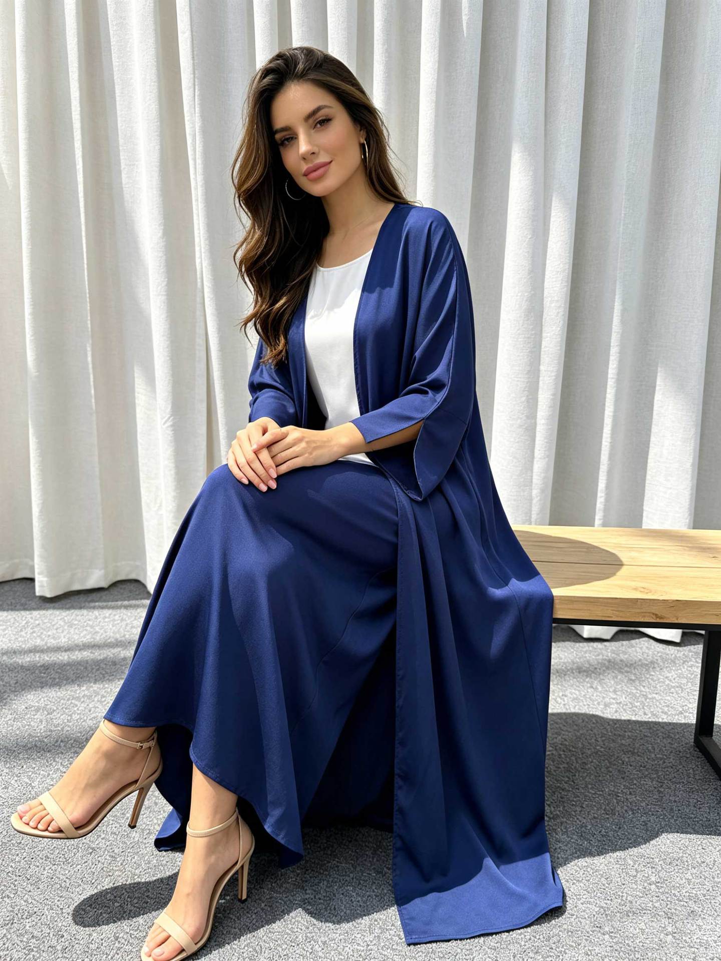 Silky Satin Batwing Sleeve Open Abaya Cardigan Modest Long Maxi Kimono Robe for Muslim Women Eid Ramadan Party One Size