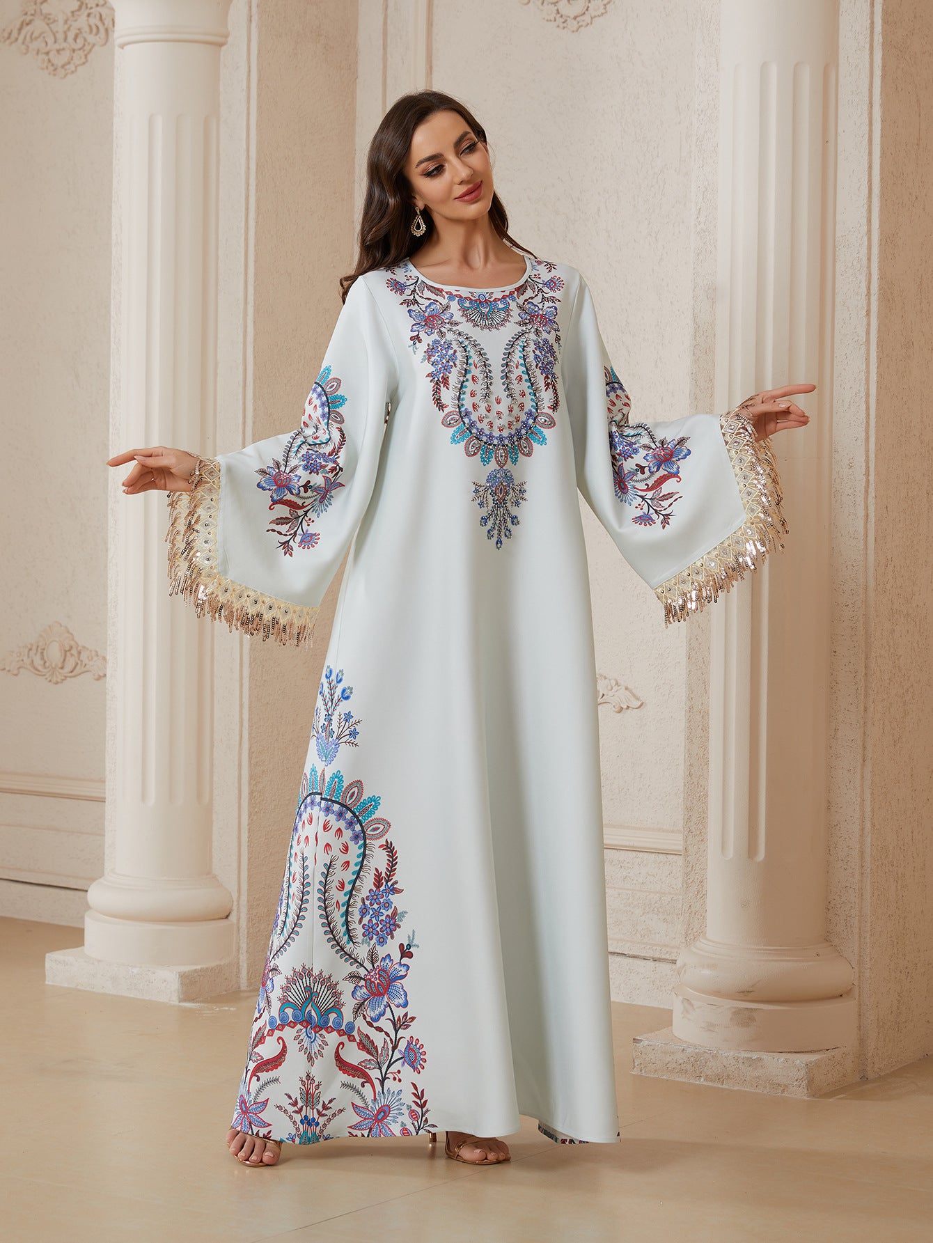Women Round Neck Paisley Floral Embroidery Abaya Gold Sequin Fringe Wide Flare Sleeve Maxi Jalabiya White Crepe Ethnic Modest Gown For Eid Mubarak Ramadan Wedding Evening Party