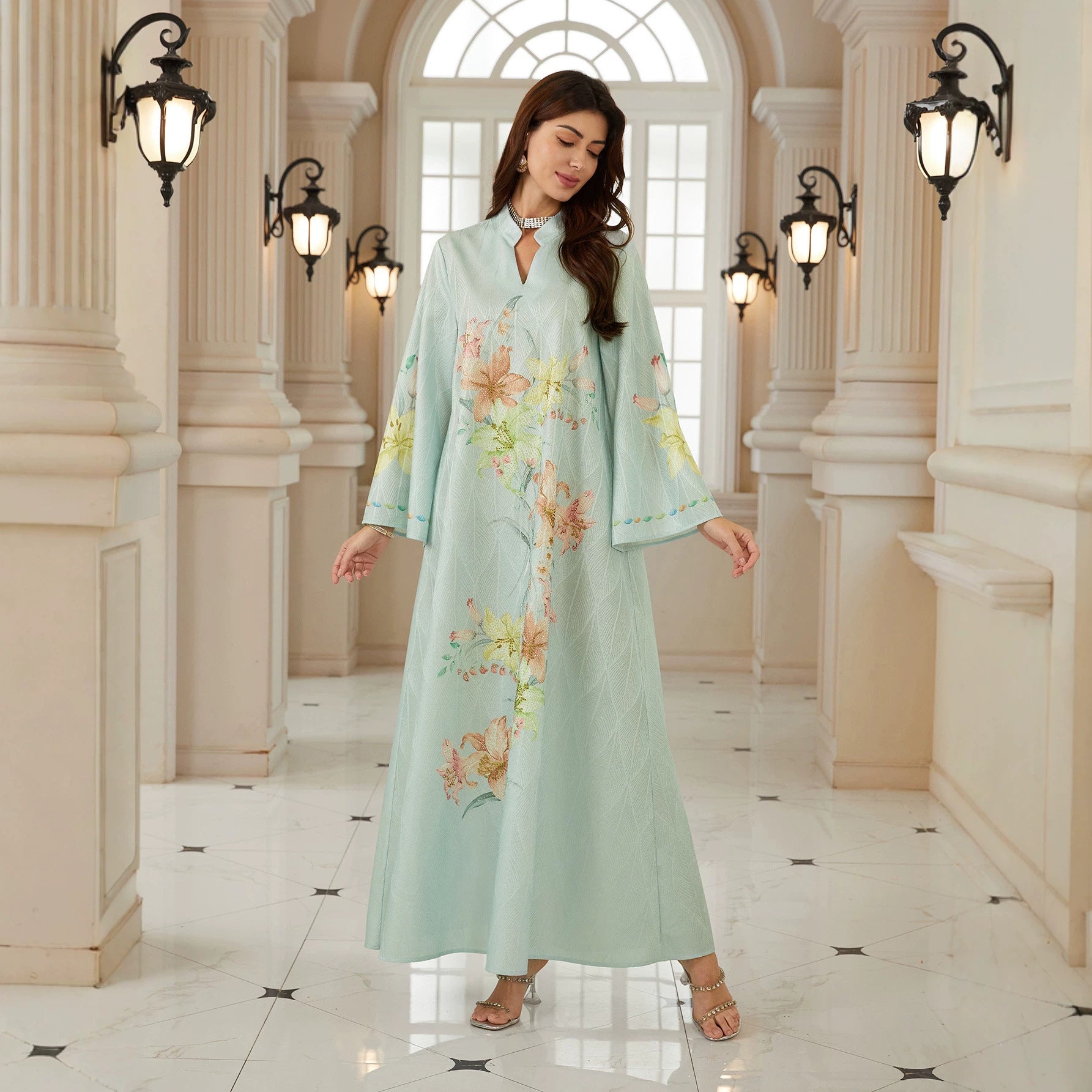 Mint Green Lily Floral Premium Pan-Arab Mandarin Stand Collar Small V Notch Open Front Modest Maxi Tunic Subtle Leaf Jacquard Matte Satin Single Layer Textile All Over Watercolor Large Lily Blossom Hand Embroidery Full Length Front Floral Stitch Wide