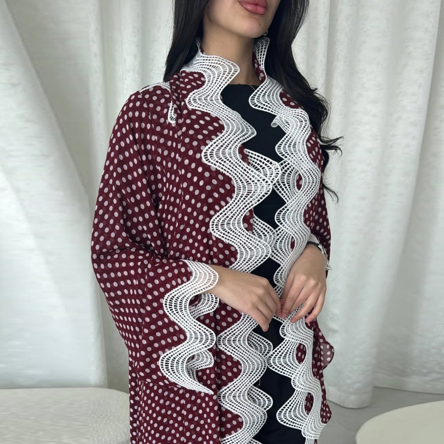 Red Polka Dot Chiffon Floral Print Ruffle Hem Abaya with Hijab Two-Piece Set