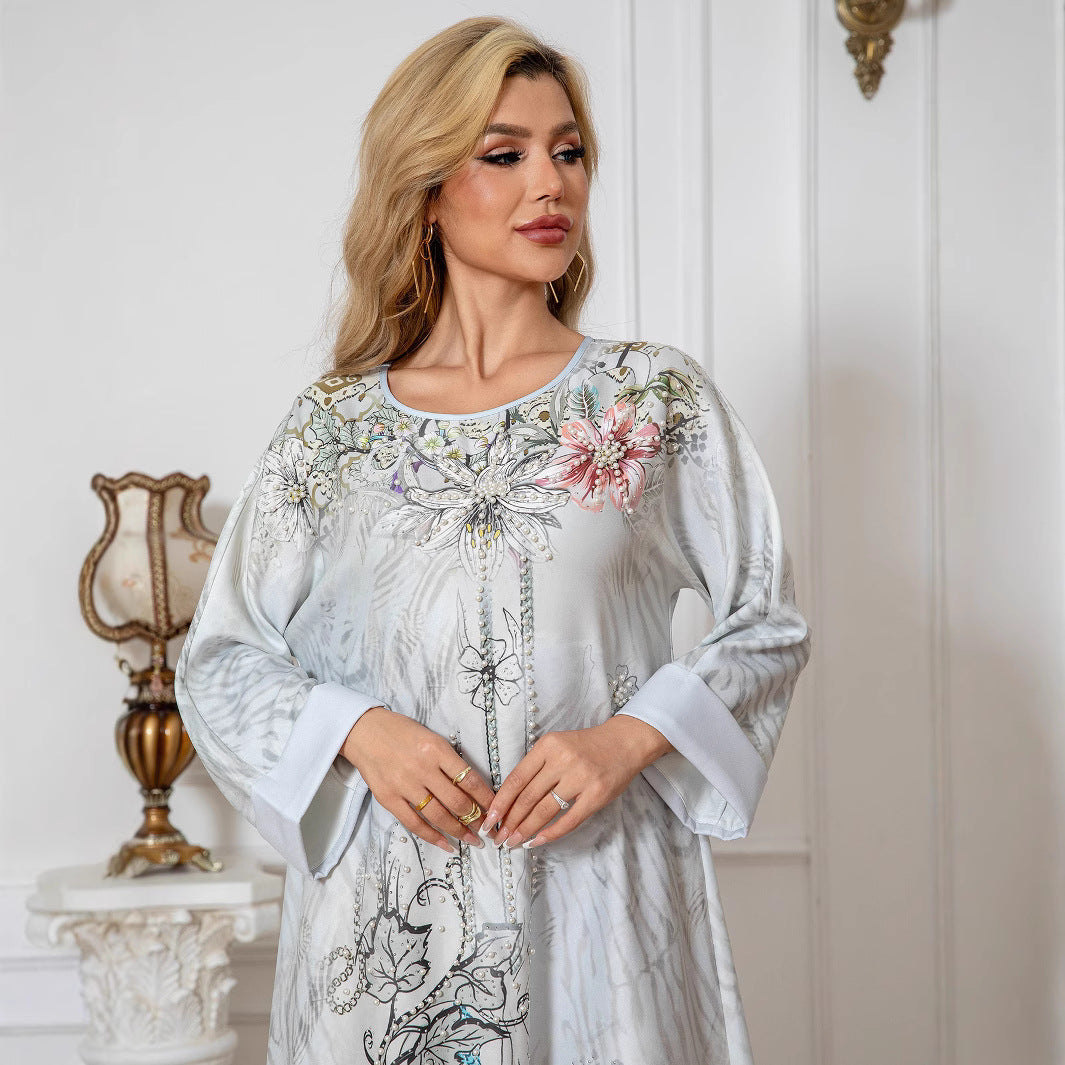Light Grey Printed Beaded Abaya - Rhinestone Modest Maxi Dress
