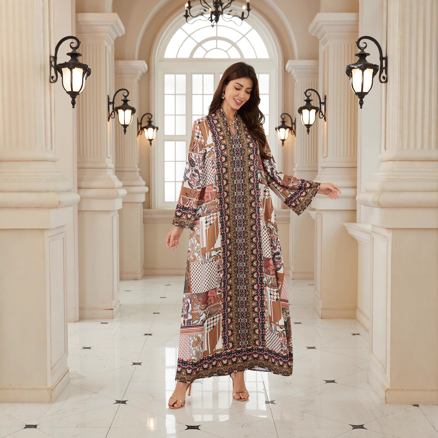 Charming Floral Jalabiya – Rhinestone Embroidered Muslim Maxi Dress
