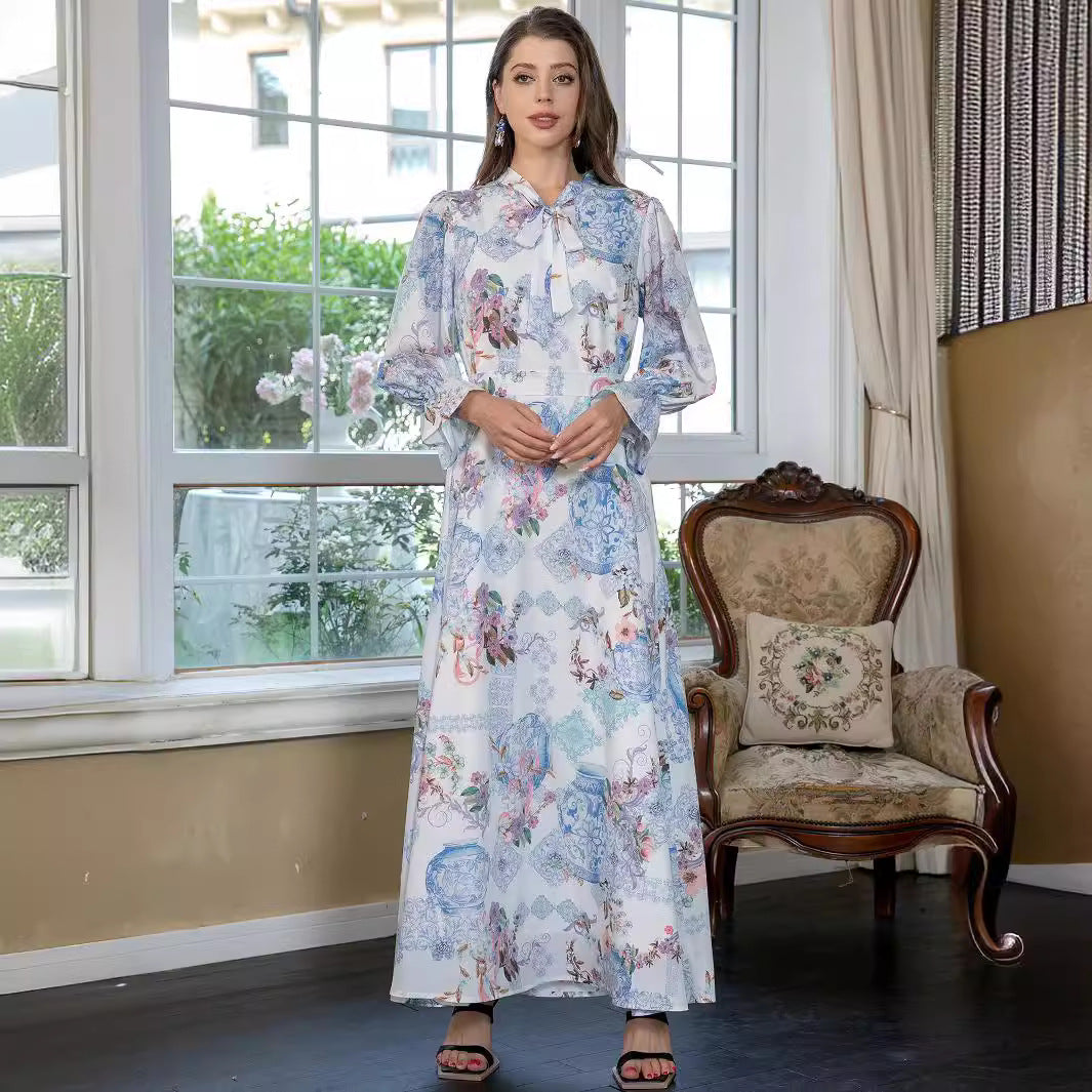 Sky Blue Slim Fit Abaya - Printed Modest Long Dress for Women