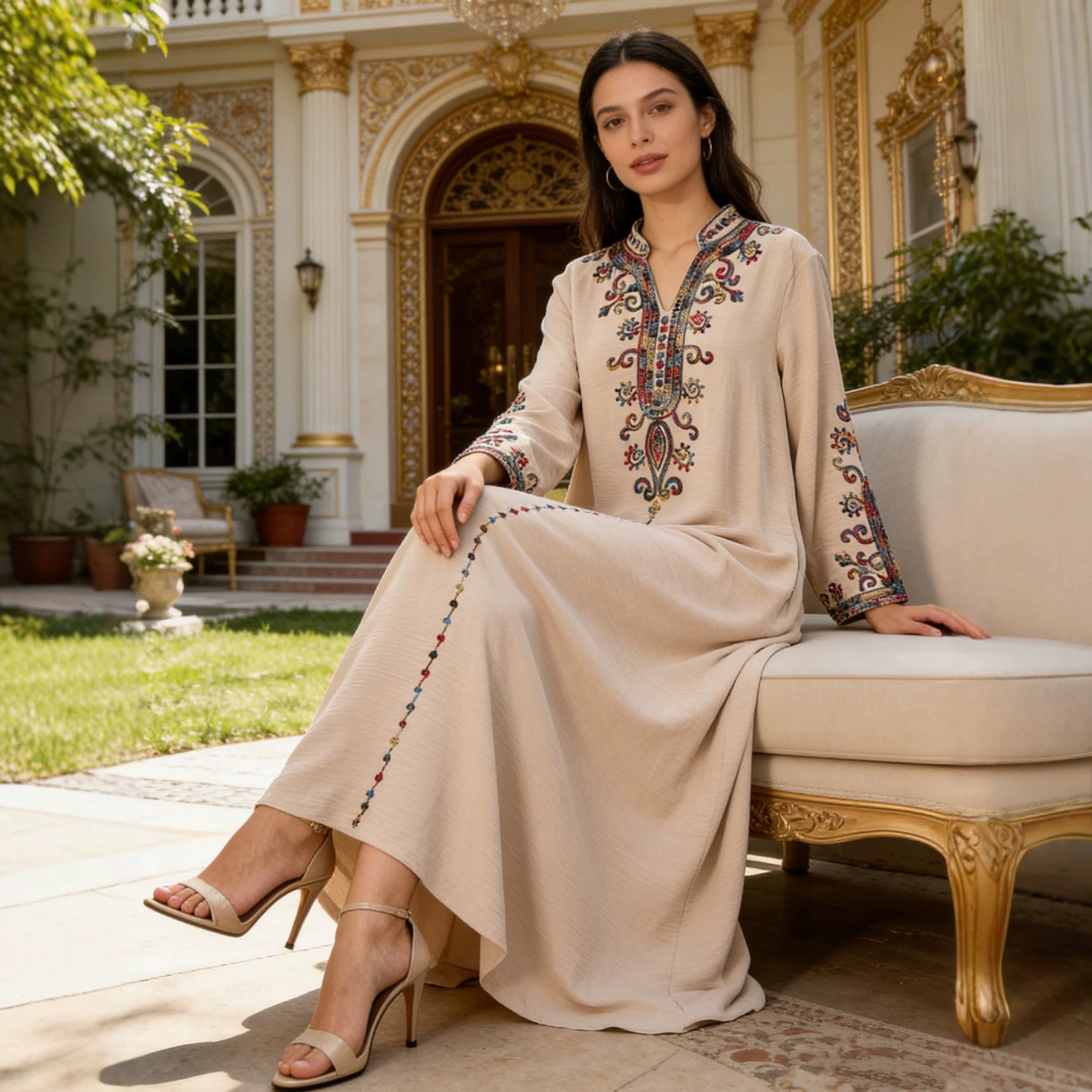 Stand Collar Heavy Embroidered Modest Abaya Jalabiya Long Maxi Dress for Muslim Women Ramadan Prayer Casual Wear S-XXL