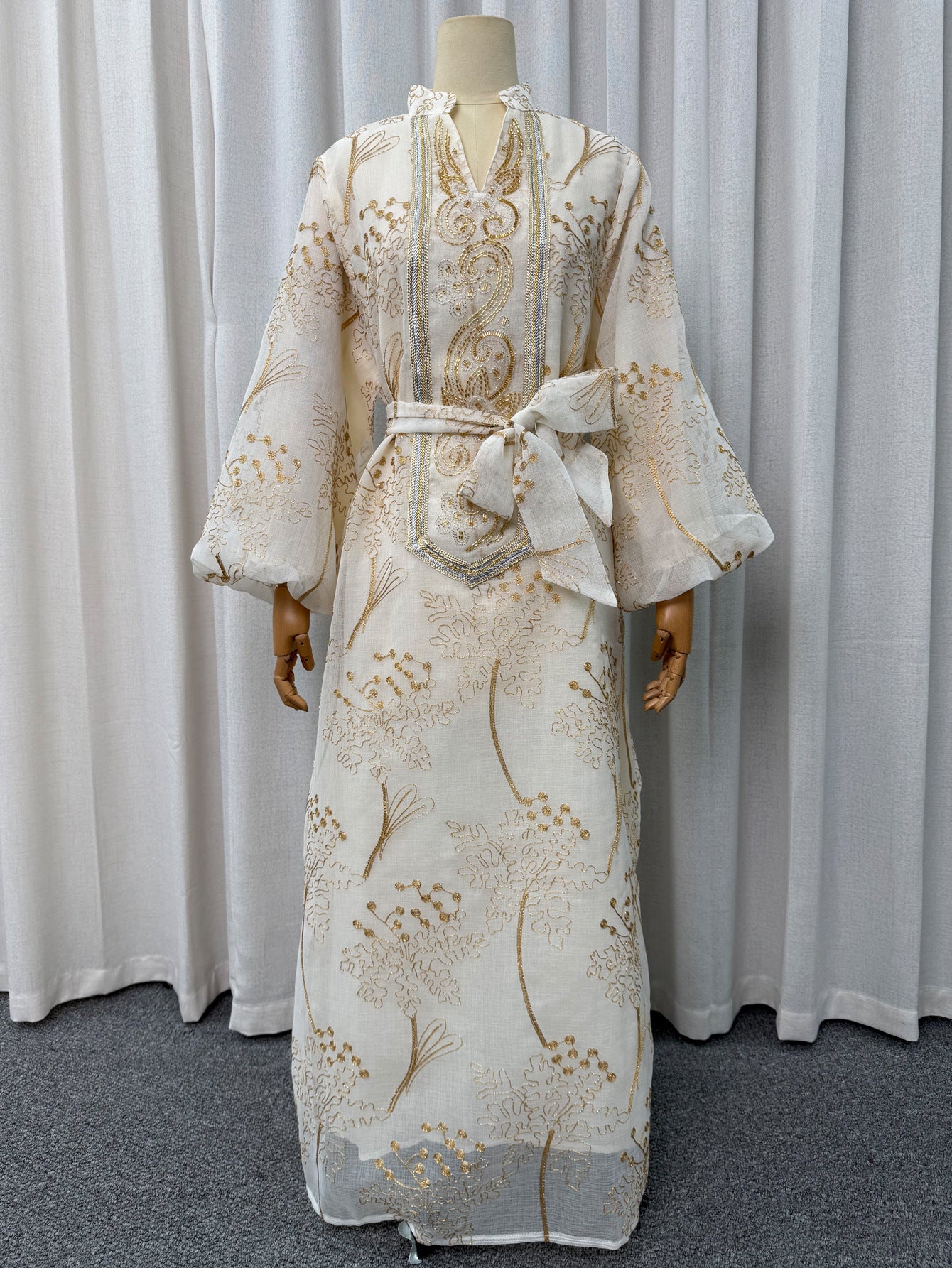 Luxury Gold Embroidered High Neck Abaya Dress Lantern Sleeve Belted Kaftan Modest Long Maxi Evening Gown Eid Ramadan S-XXL