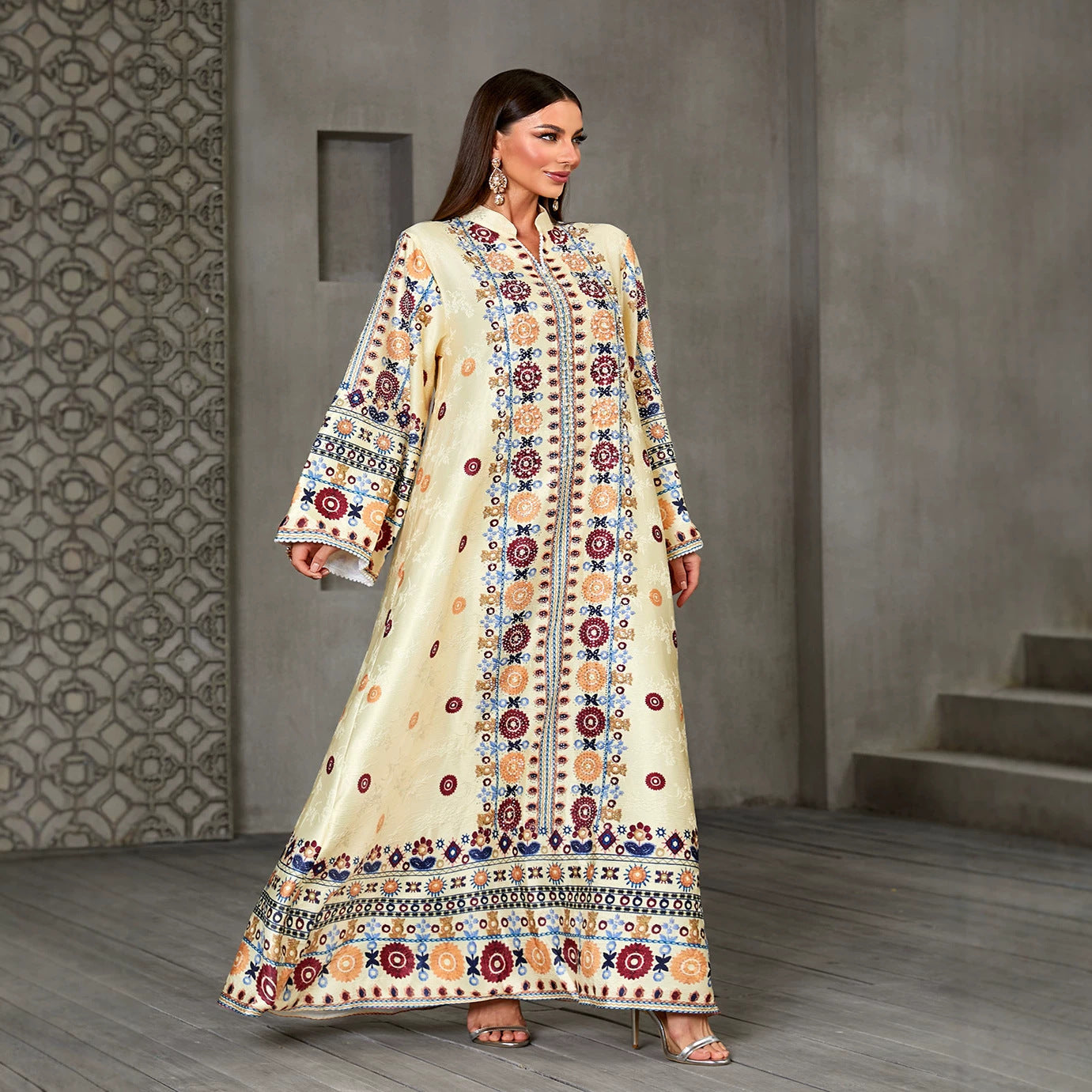 Handcrafted Beaded Jacquard Patterned Gown Jalabiya Modest Long Maxi Dress for Muslim Women Eid Ramadan Party S-XXL