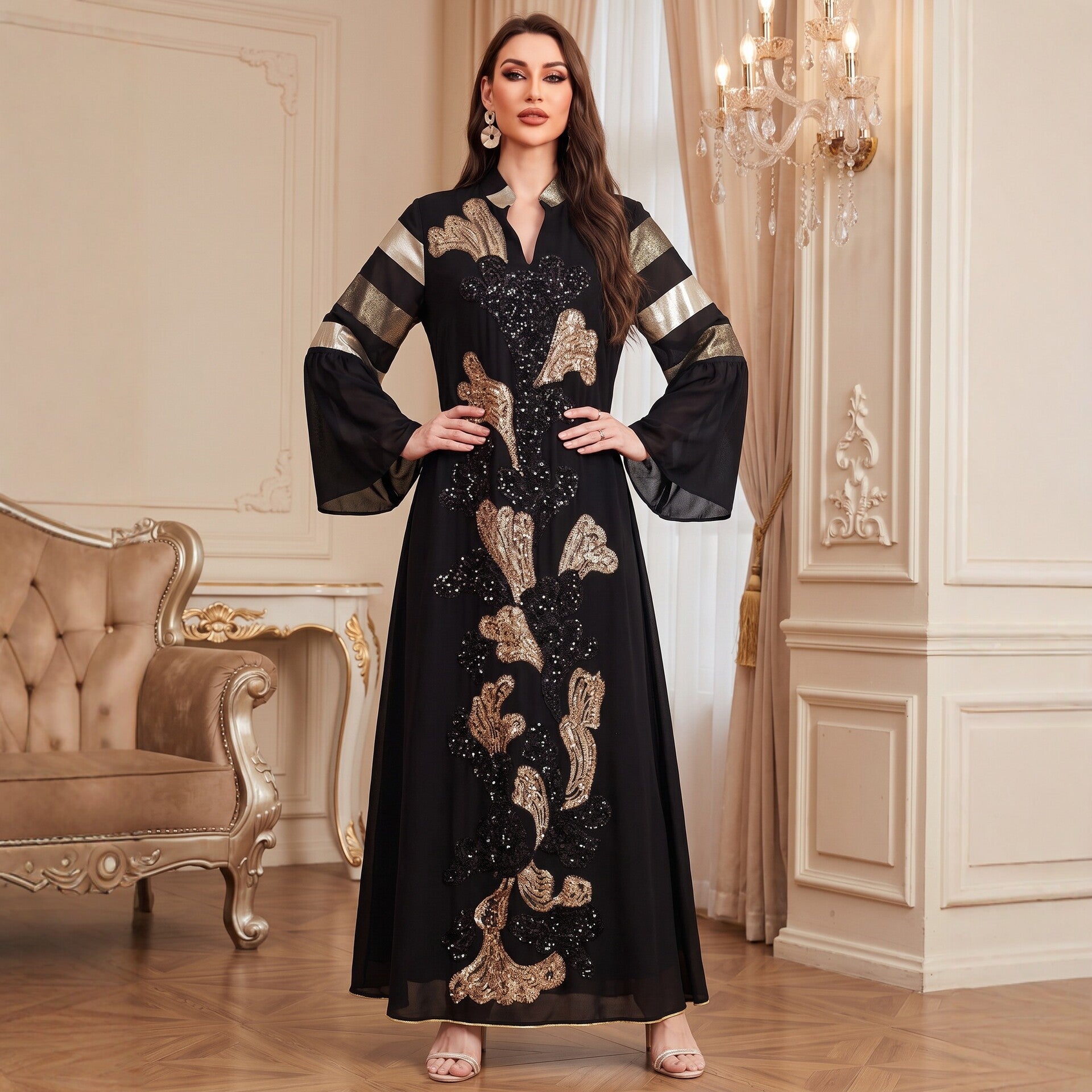 Black White V-Neck Embroidered Ethnic Rhinestone Modest Maxi Abaya