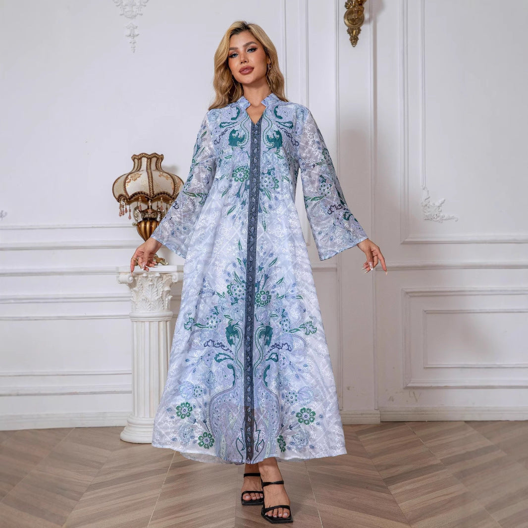 Light Blue Floral Print Rhinestone Embroidered Maxi Abaya Dress