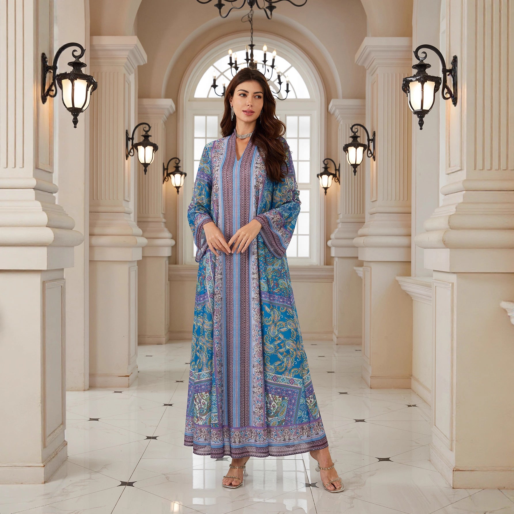 Blue Floral Print Plus Size Abaya - Modest Muslim Dress Ramadan Eid