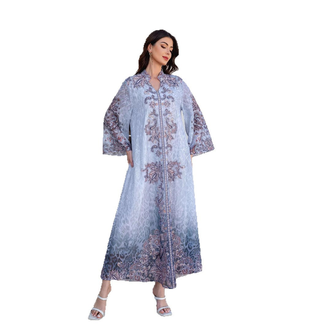 Boho Blue Rhinestone Embroidered Abaya – Modest Muslim Maxi Dress