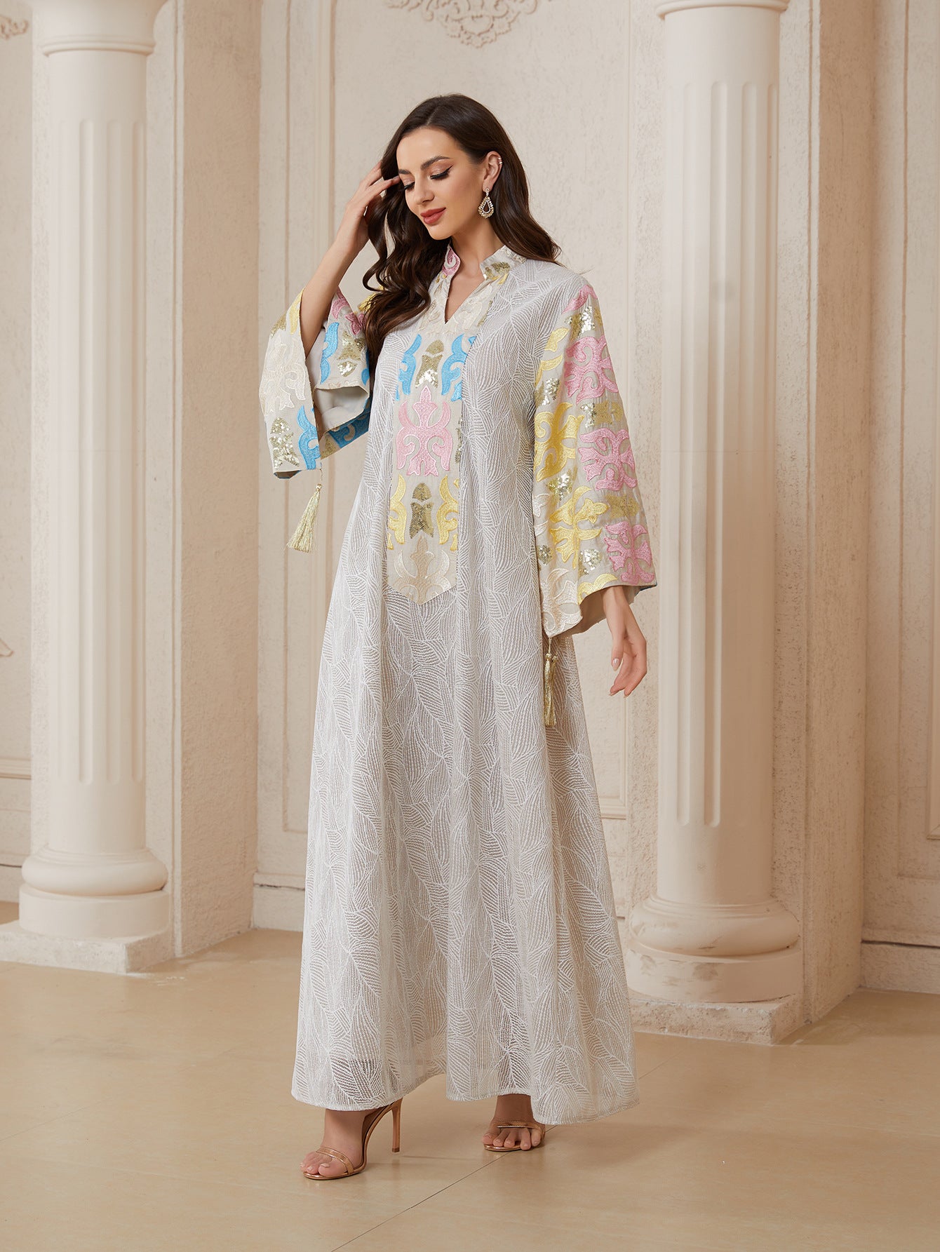 Elegant Multicolor Embroidered Tassel Abaya Women Grey Ivory Leaf Textured V Stand Collar Flared Sleeve Loose Maxi Kaftan Popular Middle East Modest Outfit
