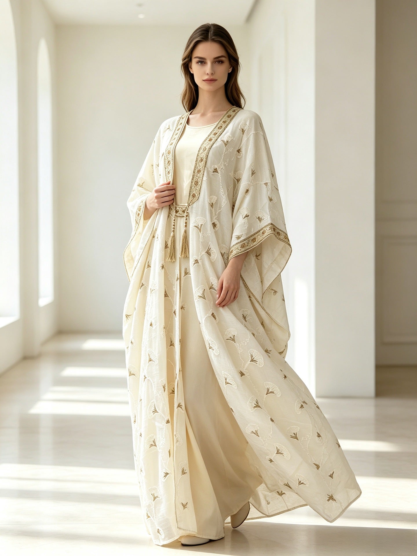 Off White Two-Piece Embroidered Cardigan Vest Set Gown Abaya Modest Long Maxi Dress for Muslim Women Eid Ramadan Kaftan