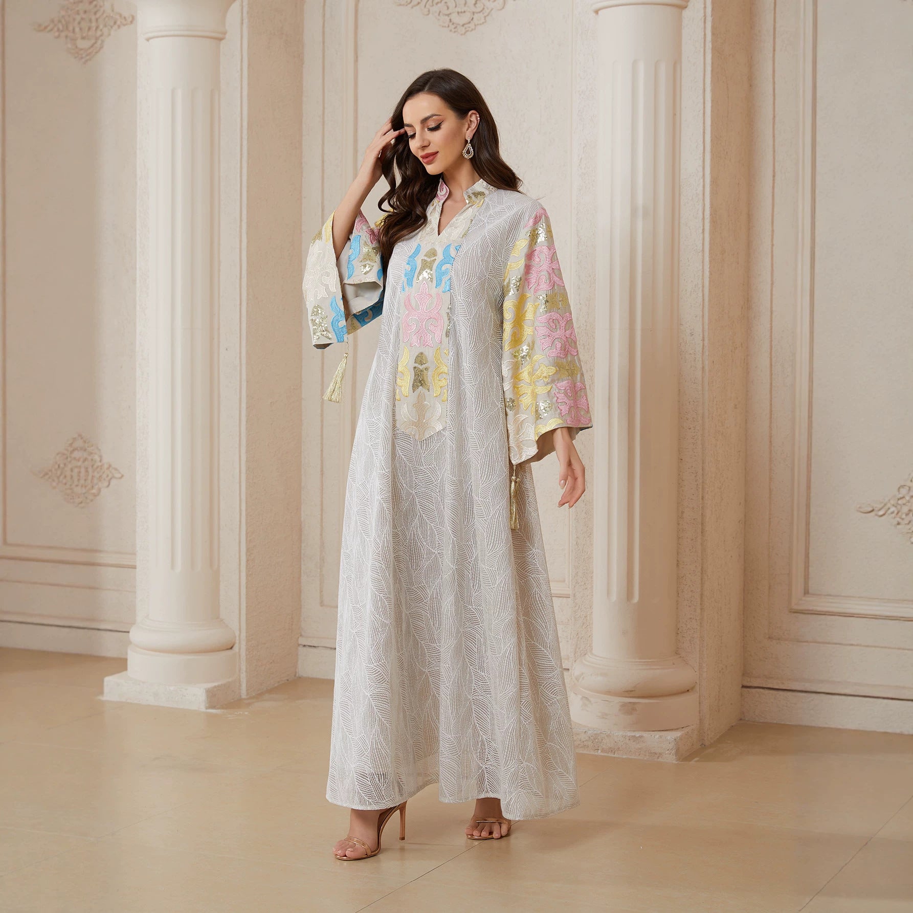 Elegant Multicolor Embroidered Tassel Abaya Women Grey Ivory Leaf Textured V Stand Collar Flared Sleeve Loose Maxi Kaftan Popular Middle East Modest Outfit