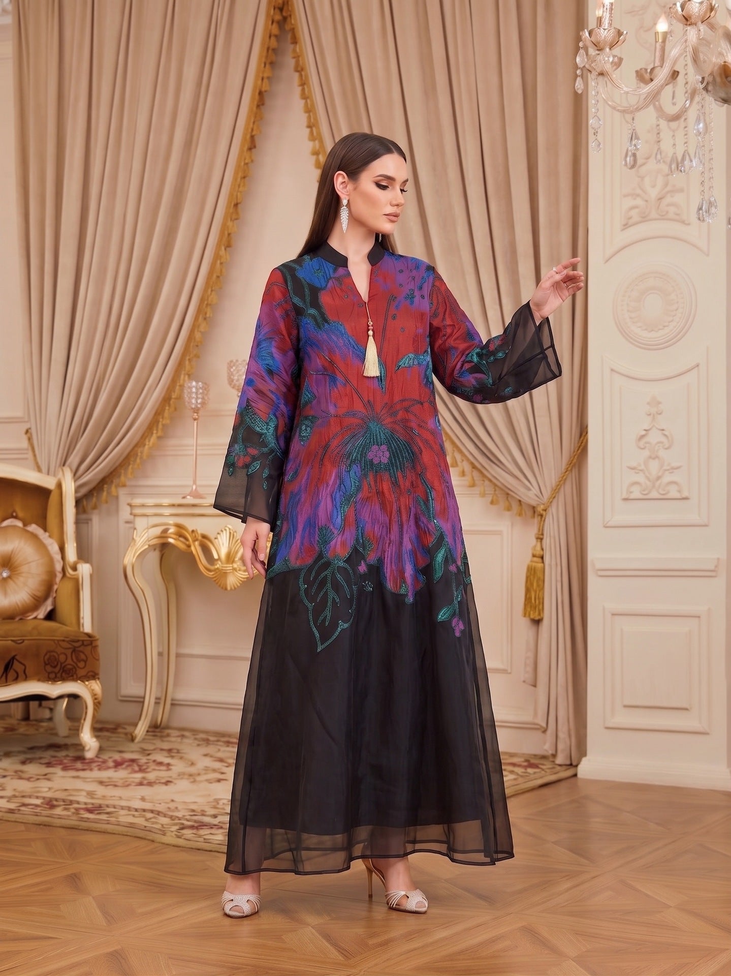 Multi-Color V-Neck Jacquard Lined Evening Maxi Abaya Dress