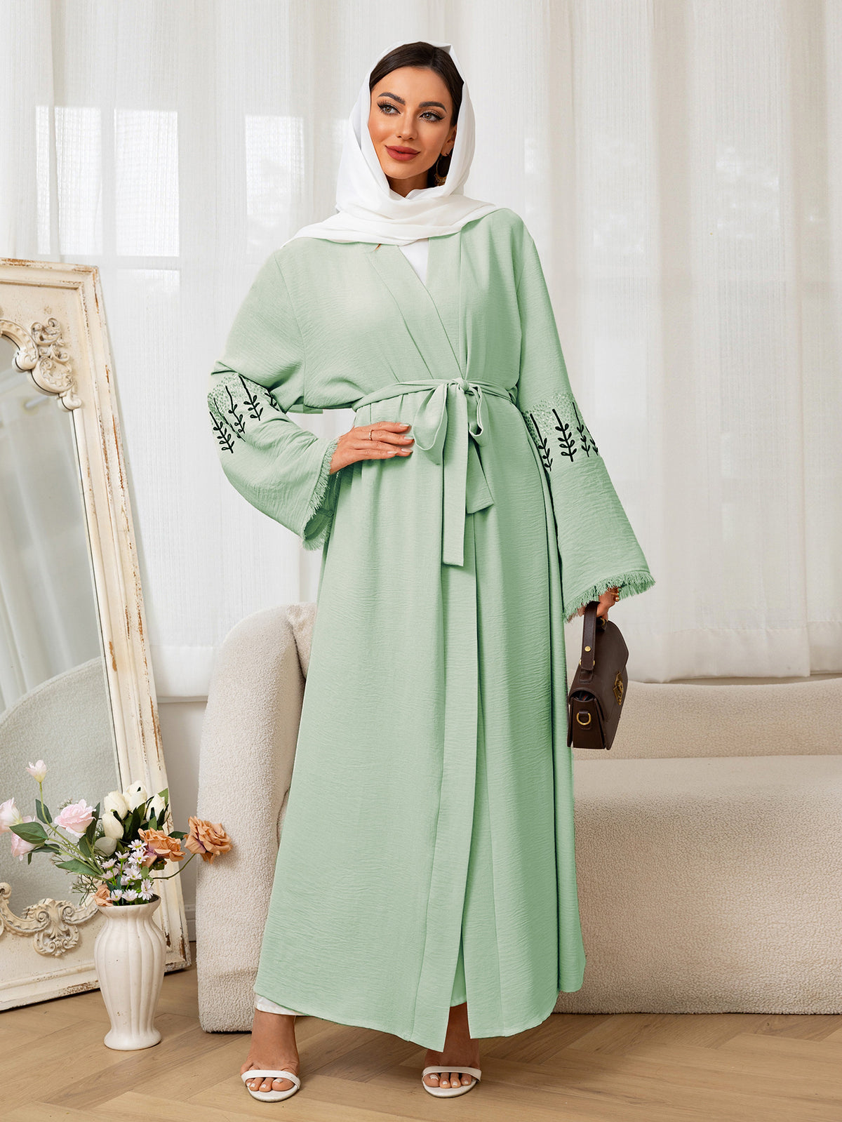 Embroidered Belted Open Front Long Maxi Cardigan Abaya Modest Long Robe for Muslim Women Eid Ramadan Festive Celebration One Size