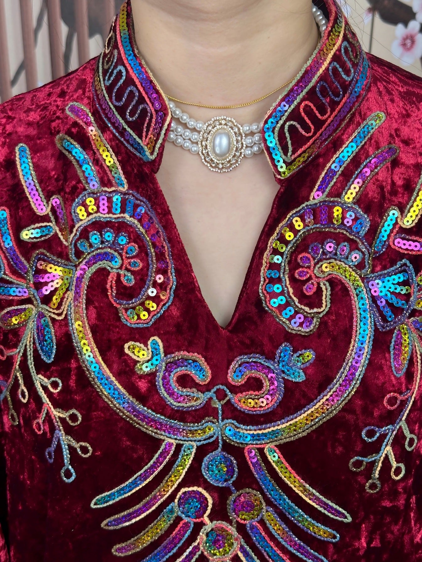 Burgundy Luxury Velvet Premium Oriental Craft Stand Collar V Notch Open Front Modest Maxi Tunic Thick Ice Velvet Plush Textile All Over Iridescent Rainbow Sequin Phoenix Bird Floral Heavy Embroidery Mandarin High Collar Full Front Colorful Shiny Rhin
