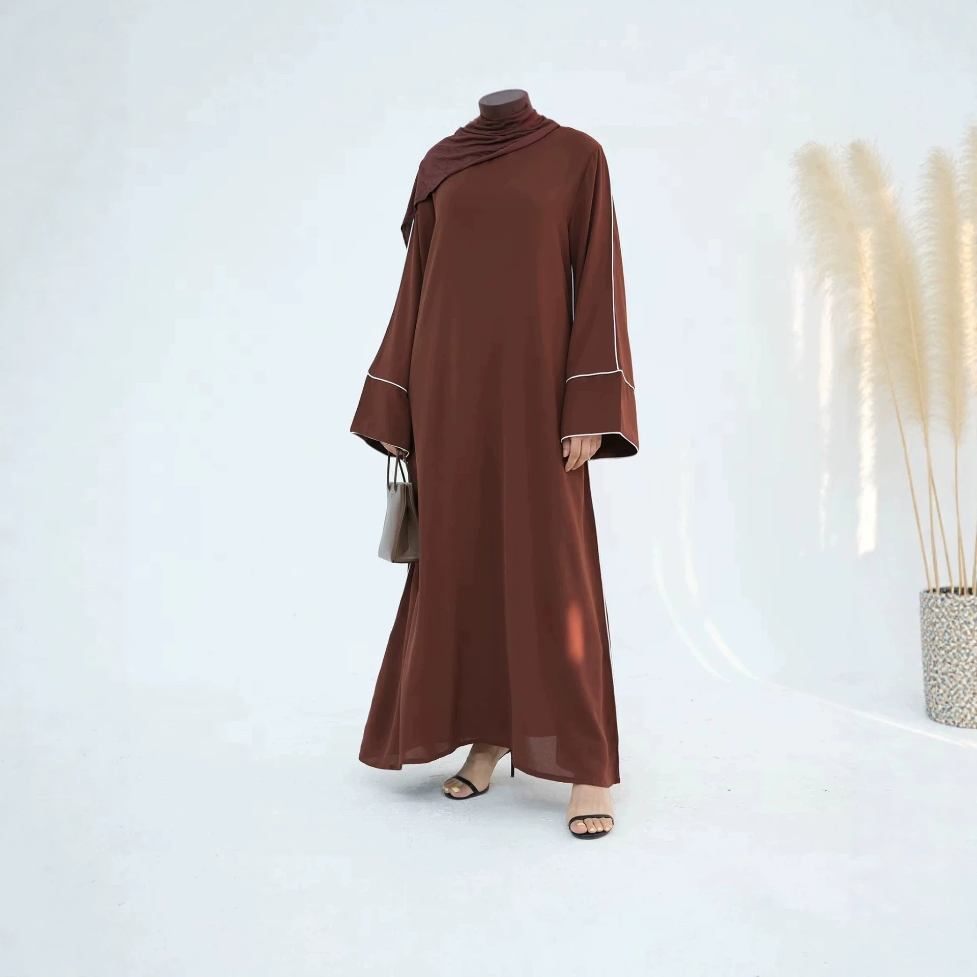 Coffee and Green Tie-Waist Maxi Abaya Dress with Belt