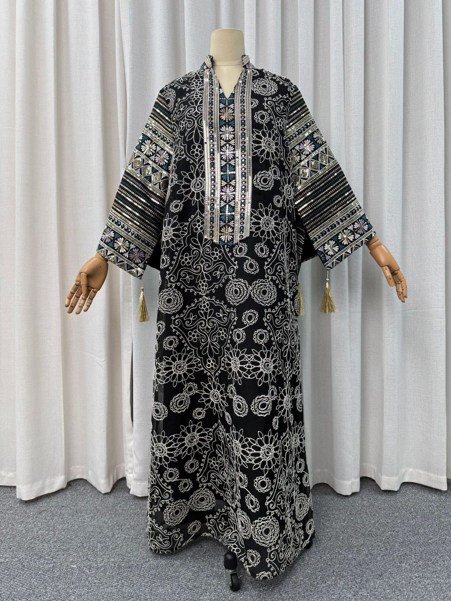 Elegant Sequin Embroidered Mesh Abaya Dress Jalabiya Modest Long Maxi Dress for Muslim Women Eid Ramadan Evening Party S-XXL