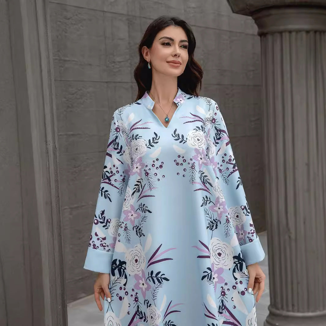 Light Blue Floral Print Modest Jalabiya Abaya Dress - Plus Size Maxi