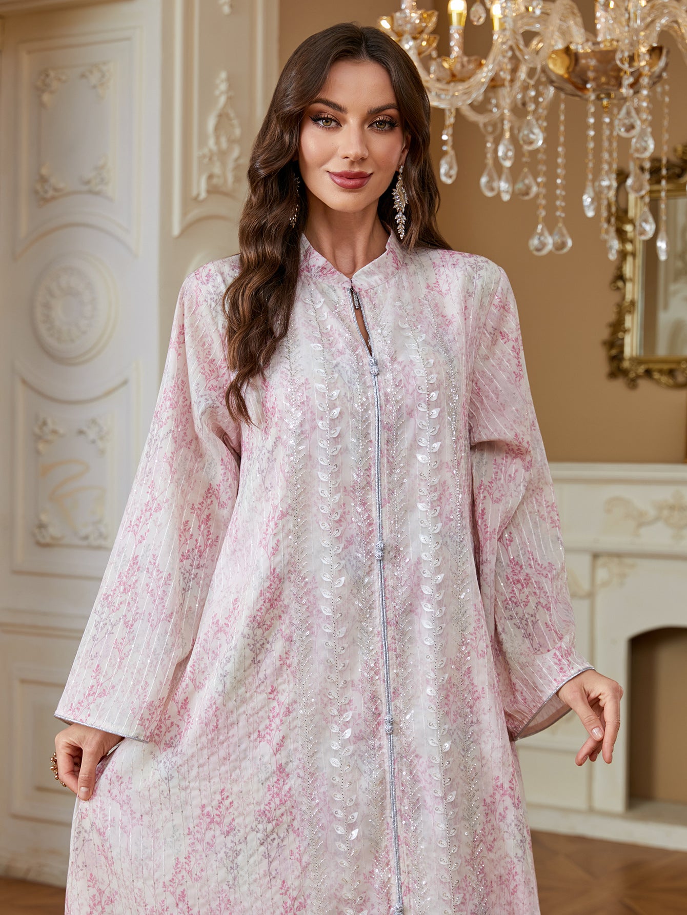 Women Stand Collar Zip Front Abaya Watercolor Gradient Print Sequined Long Kaftan Dress 2 Colors Light Shimmer Fabric For Ramadan Banquet Wedding