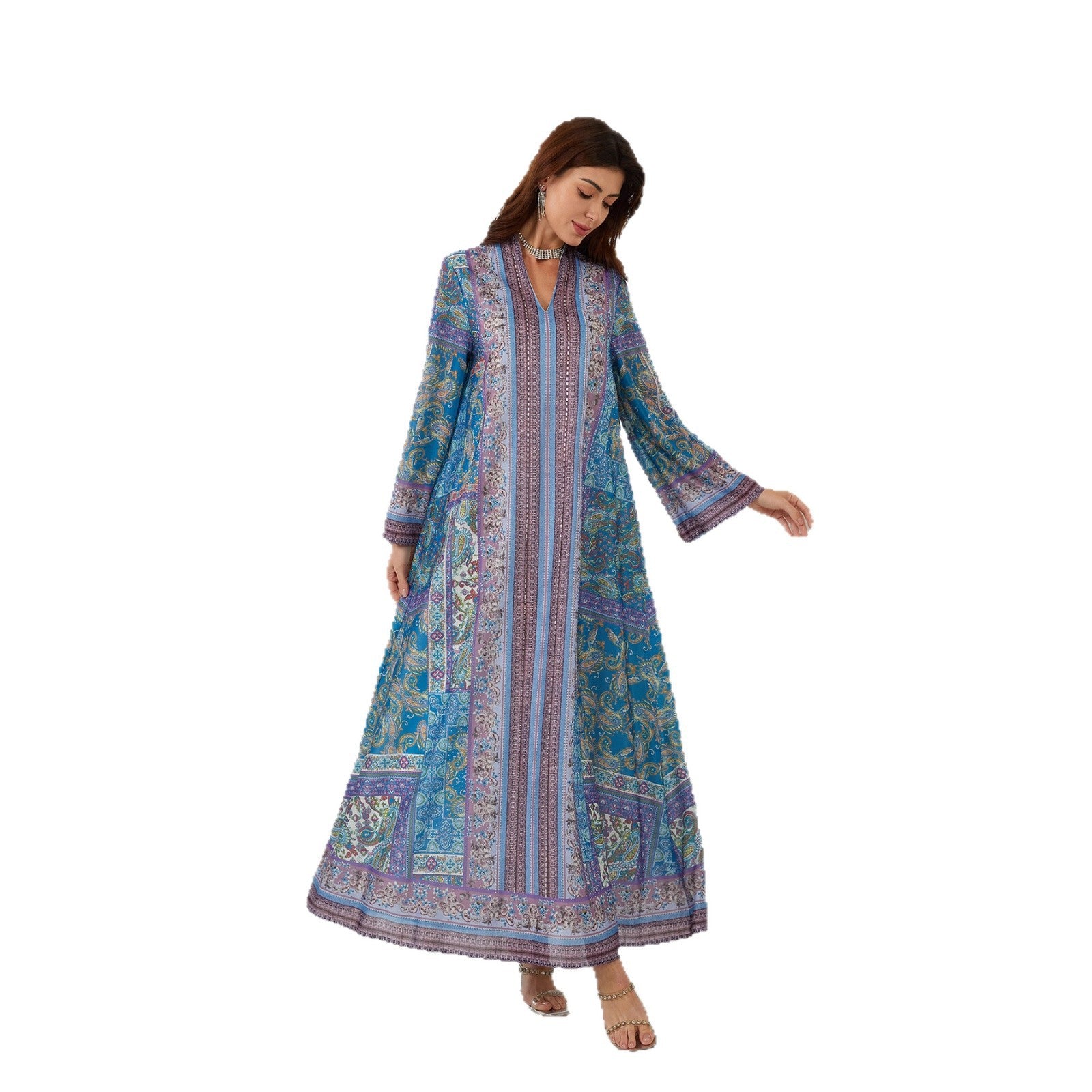 Blue Floral Print Plus Size Abaya - Modest Muslim Dress Ramadan Eid