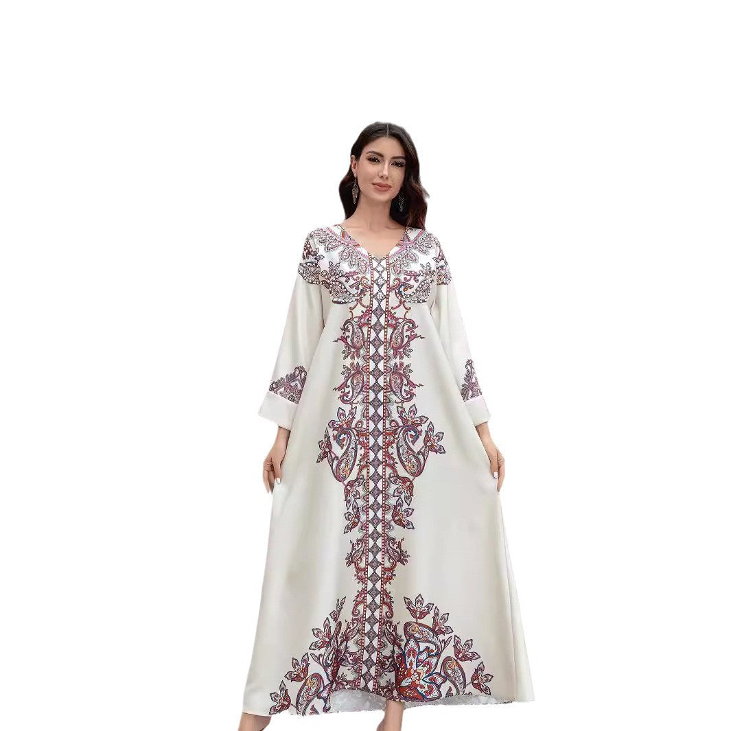 Apricot Floral Print Rhinestone Embroidered Maxi Abaya Dress
