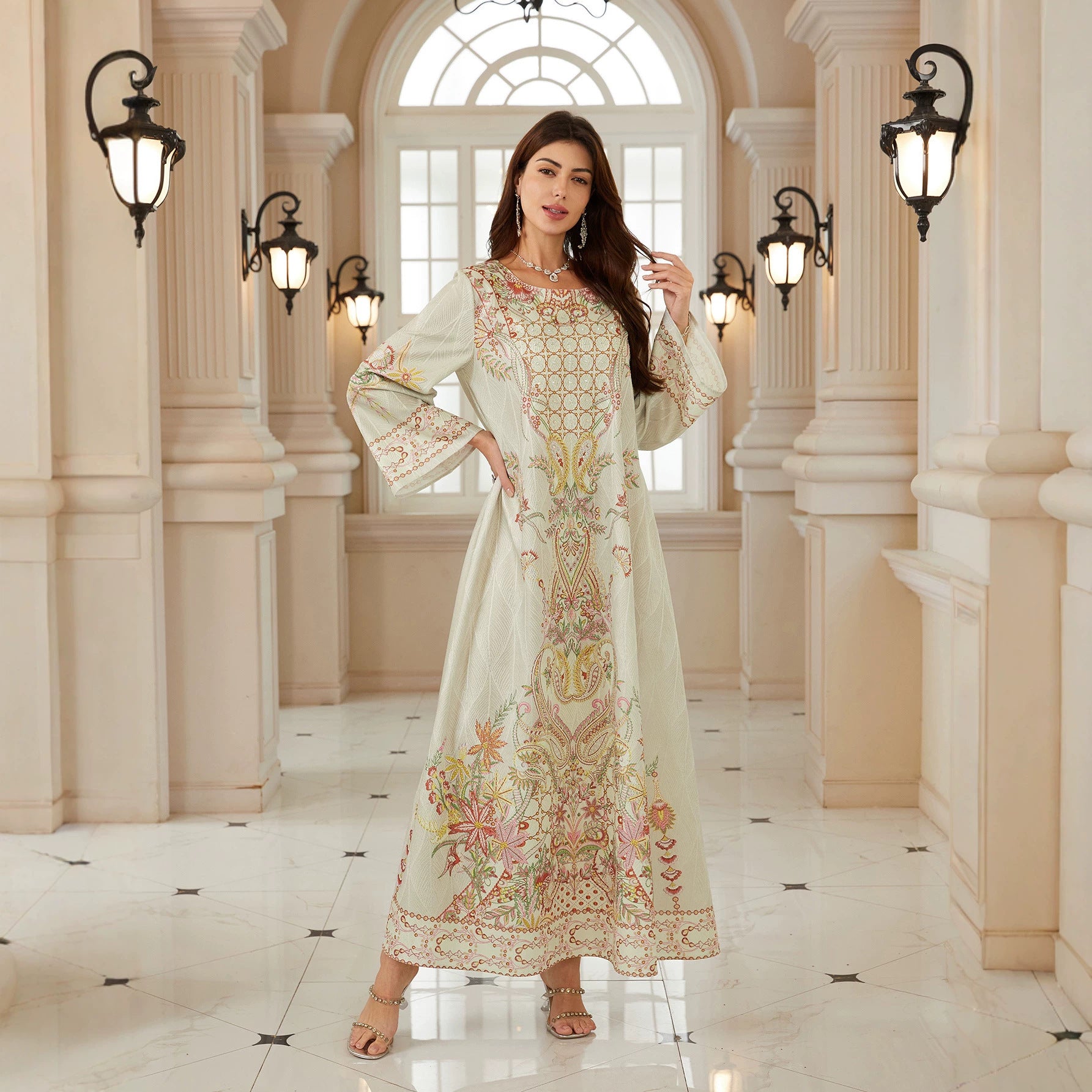 Light Beige Floral Paisley Embroidery Abaya Loose Wide Long Sleeve Full Length Modest Muslim Women Maxi Kaftan Dress For Wedding Daily Occasion