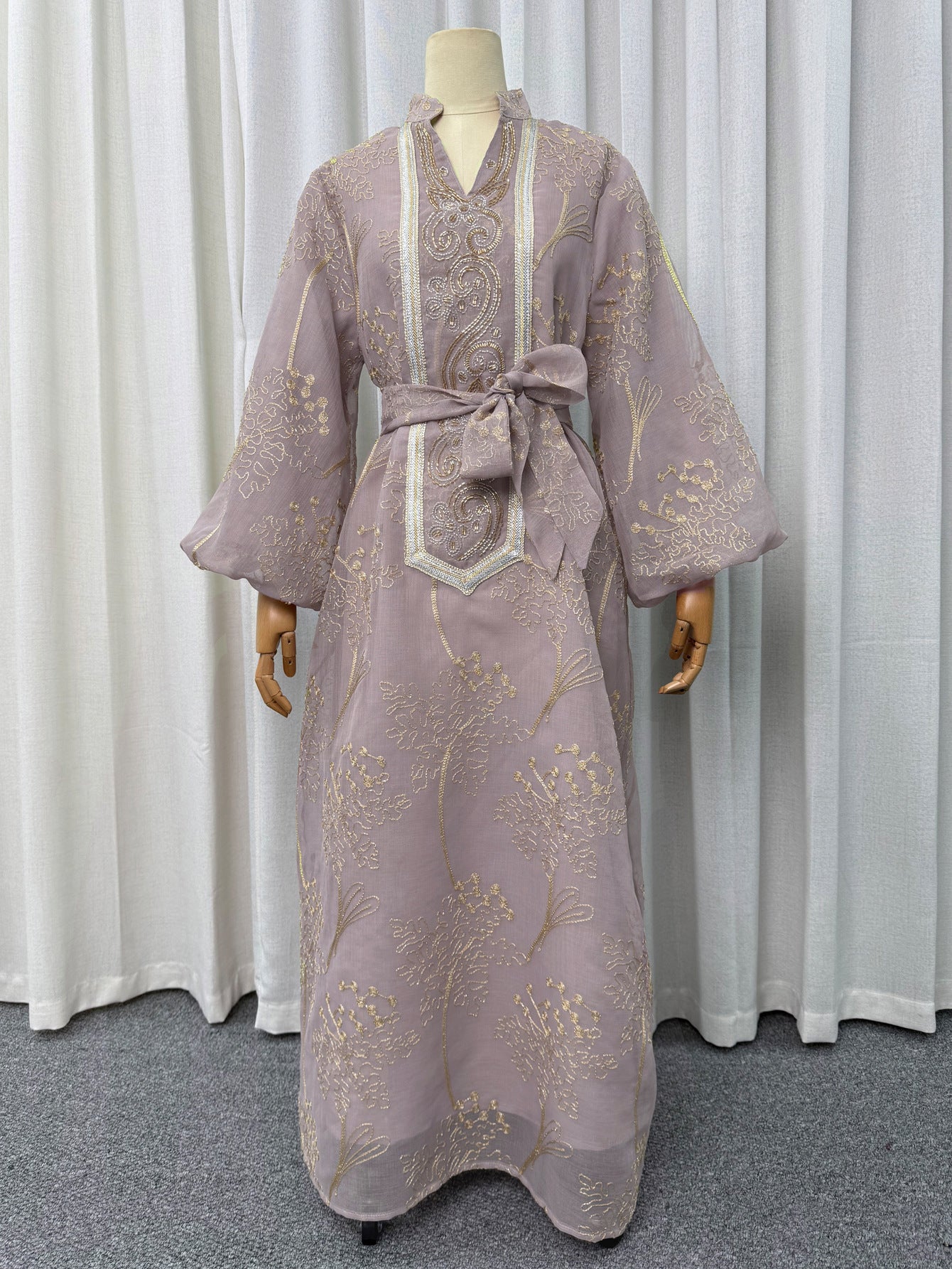 Luxury Gold Embroidered High Neck Abaya Dress Lantern Sleeve Belted Kaftan Modest Long Maxi Evening Gown Eid Ramadan S-XXL