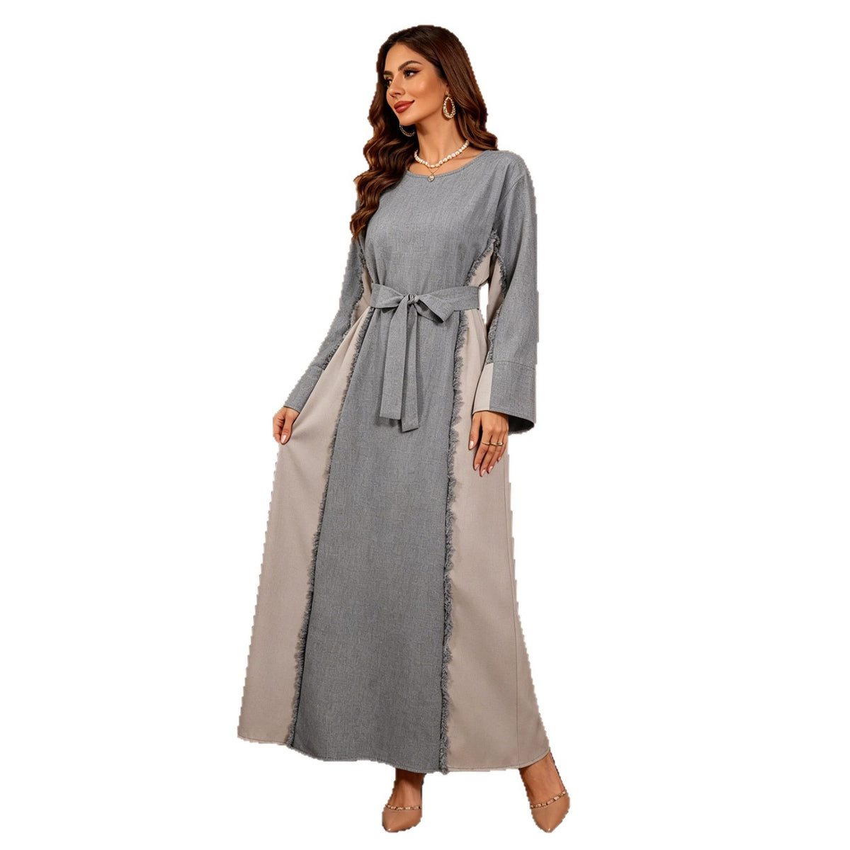 Two-Tone Linen Look Elegant Color Block Maxi Dress Abaya Modest Long Gown for Muslim Women Eid Ramadan Banquet M-XL