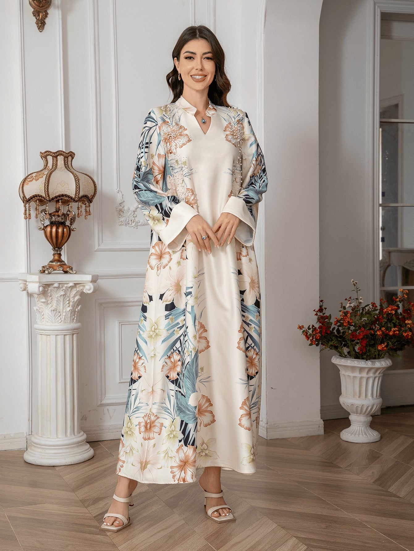 Apricot Purple Blue Printed Abaya - Plus Size African Long Robe