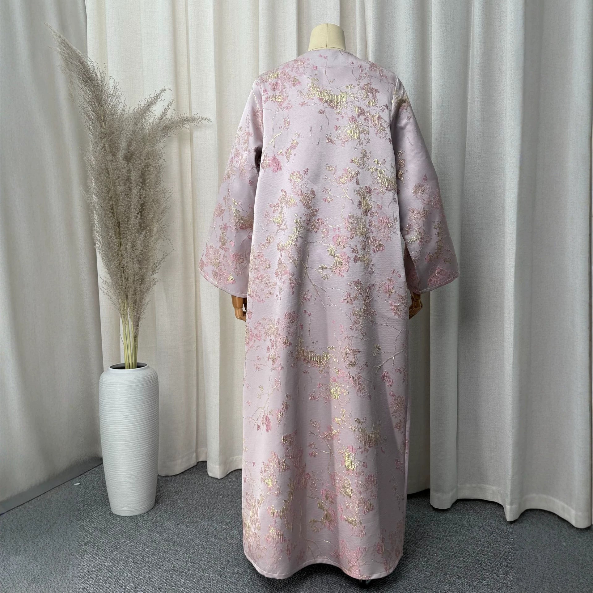 Pink Satin Gold Thread Embroidered Open Cardigan Maxi Abaya Dress Jalabiya Modest Long Dress for Eid Ramadan Festive Celebration S-XXL