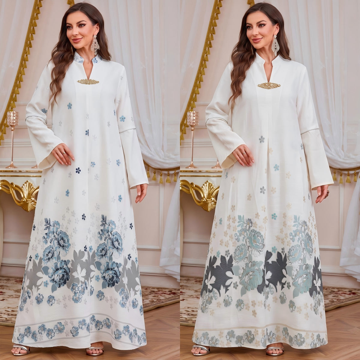 Emerald Blue V-Neck Rhinestone Embellished Modest Maxi Abaya Dress