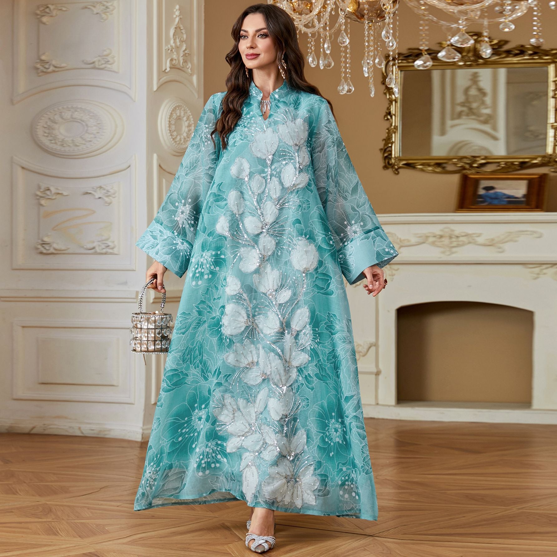 Luxury 3 Colors 3D Flower Embroidery Rhinestone Abaya Stand Neck Wide Flare Sleeve Oversized Maxi Dress For Holiday Special Occasion