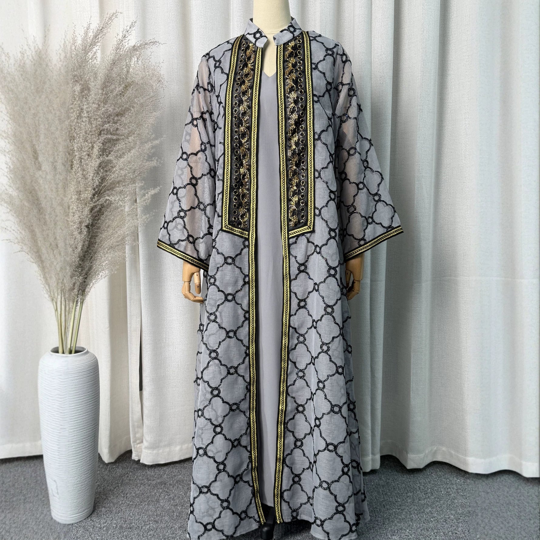Grey and Black Heavy Embroidered Mesh Open Cardigan Two-Piece Maxi Set
