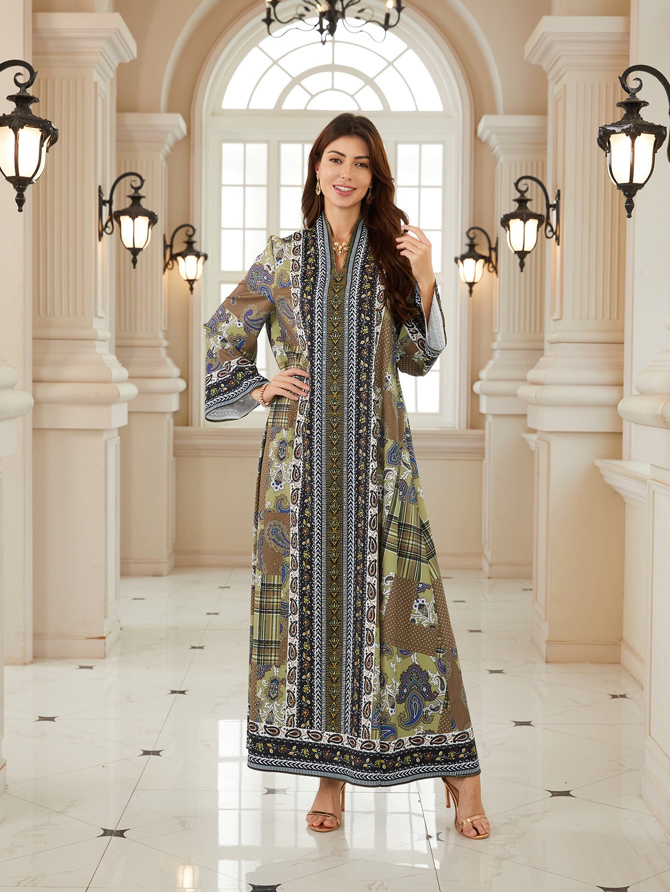 Floral Long Sleeve Rhinestone Abaya 2026 - Modest Muslim Dress Eid