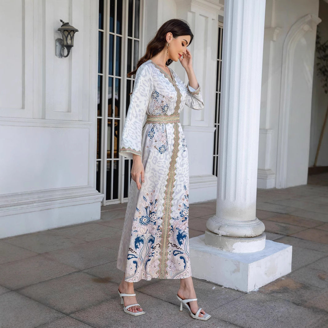 White Lace-Trim Beaded Abaya Robe - Modest Muslim Dress Women