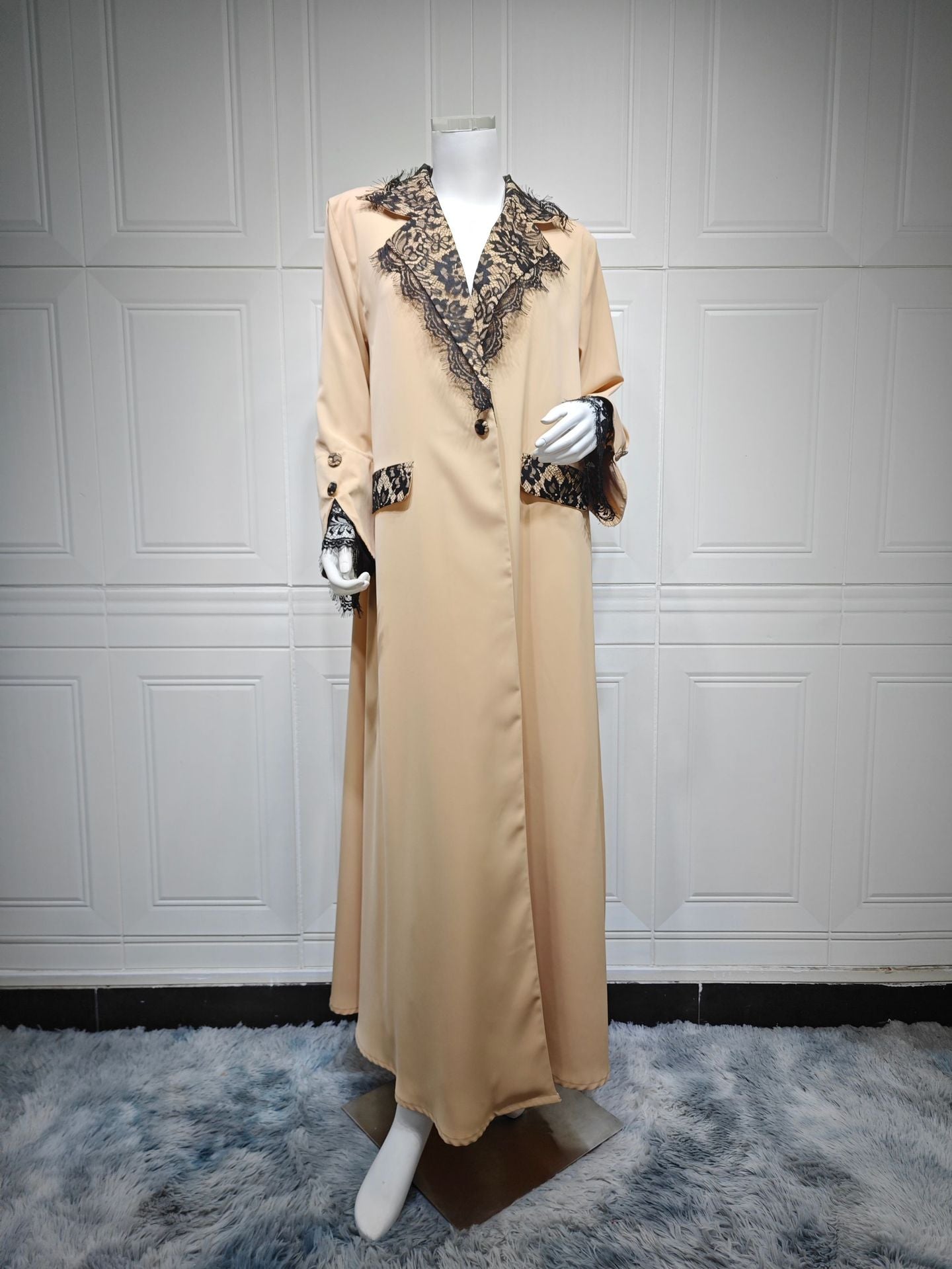 Apricot Lace Trim Open Front Long Sleeve Maxi Abaya Cardigan - Plus Size