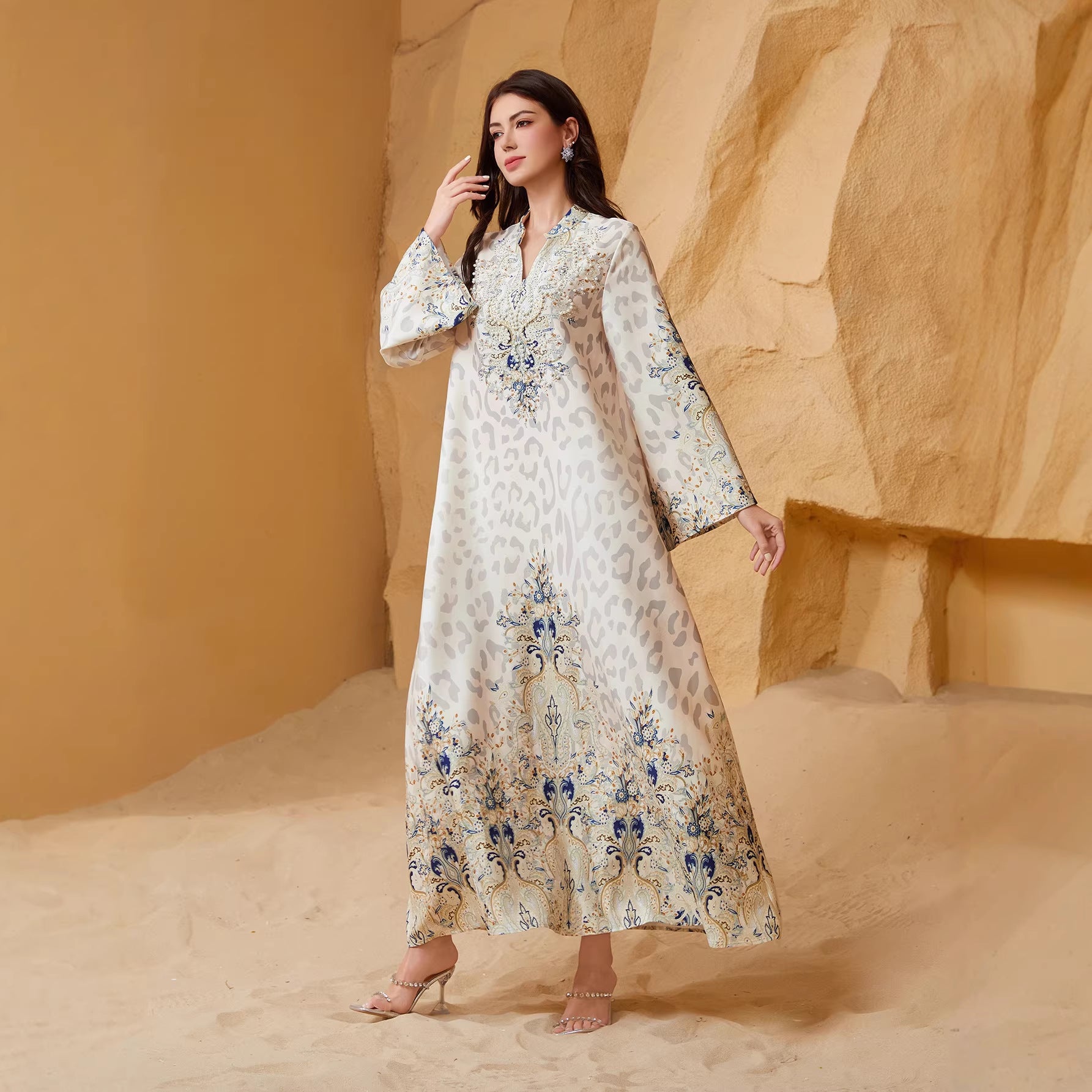 Bold Yellow Grey Leopard Rhinestone Kaftan Abaya Maxi Eid Ramadan