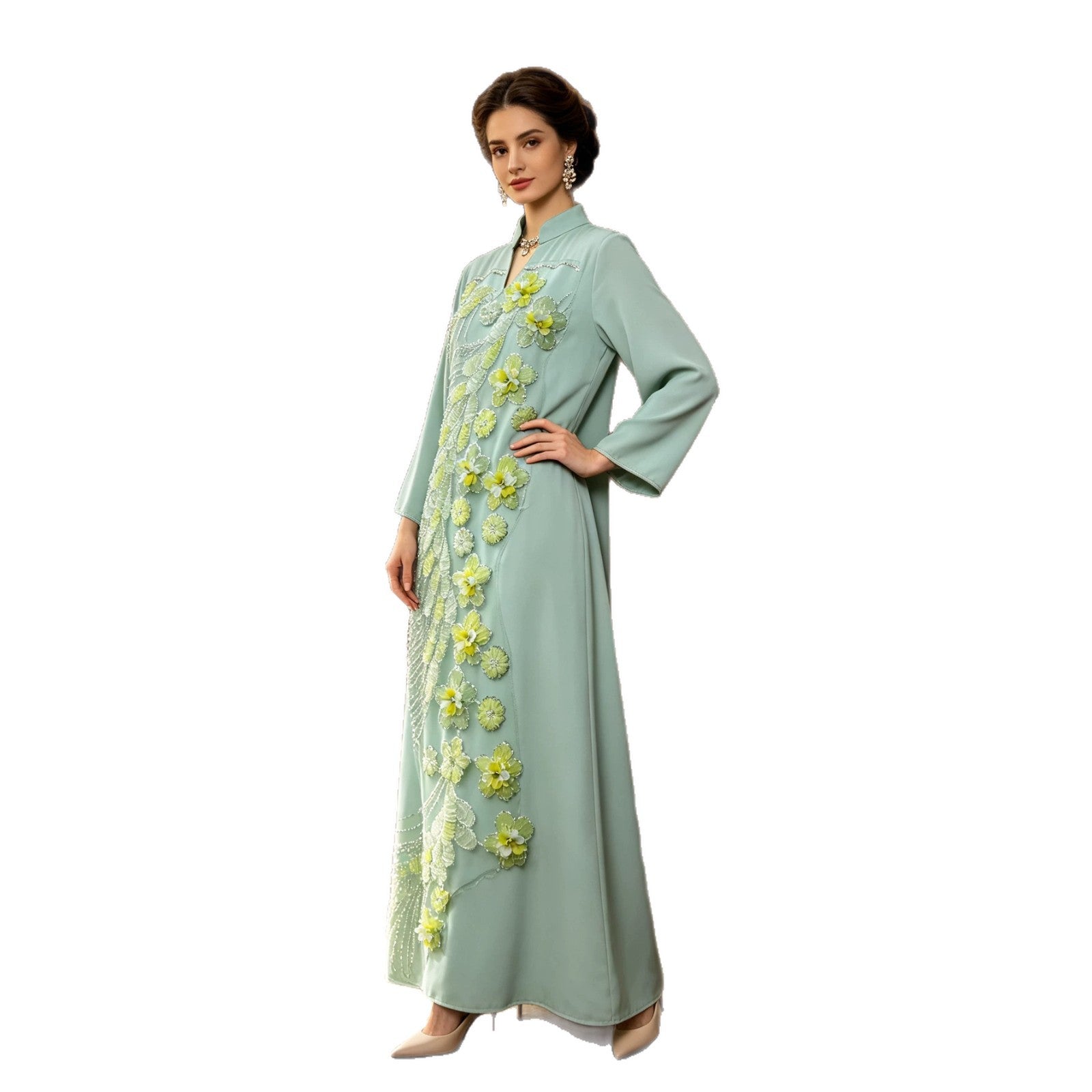 Mint Green Stand Collar Beaded Floral Applique Maxi Abaya Dress Jalabiya Modest Long Dress for Muslim Women Ramadan Prayer Casual Wear S-XXL